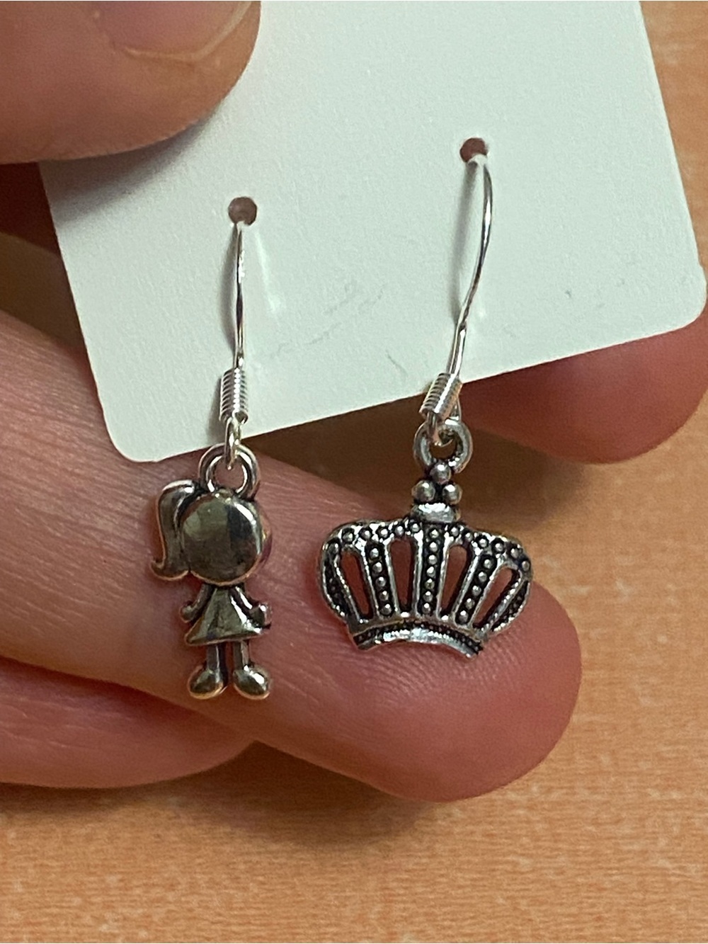 Kids Silver Girl and Crown Dangle Earrings - Silver Tone